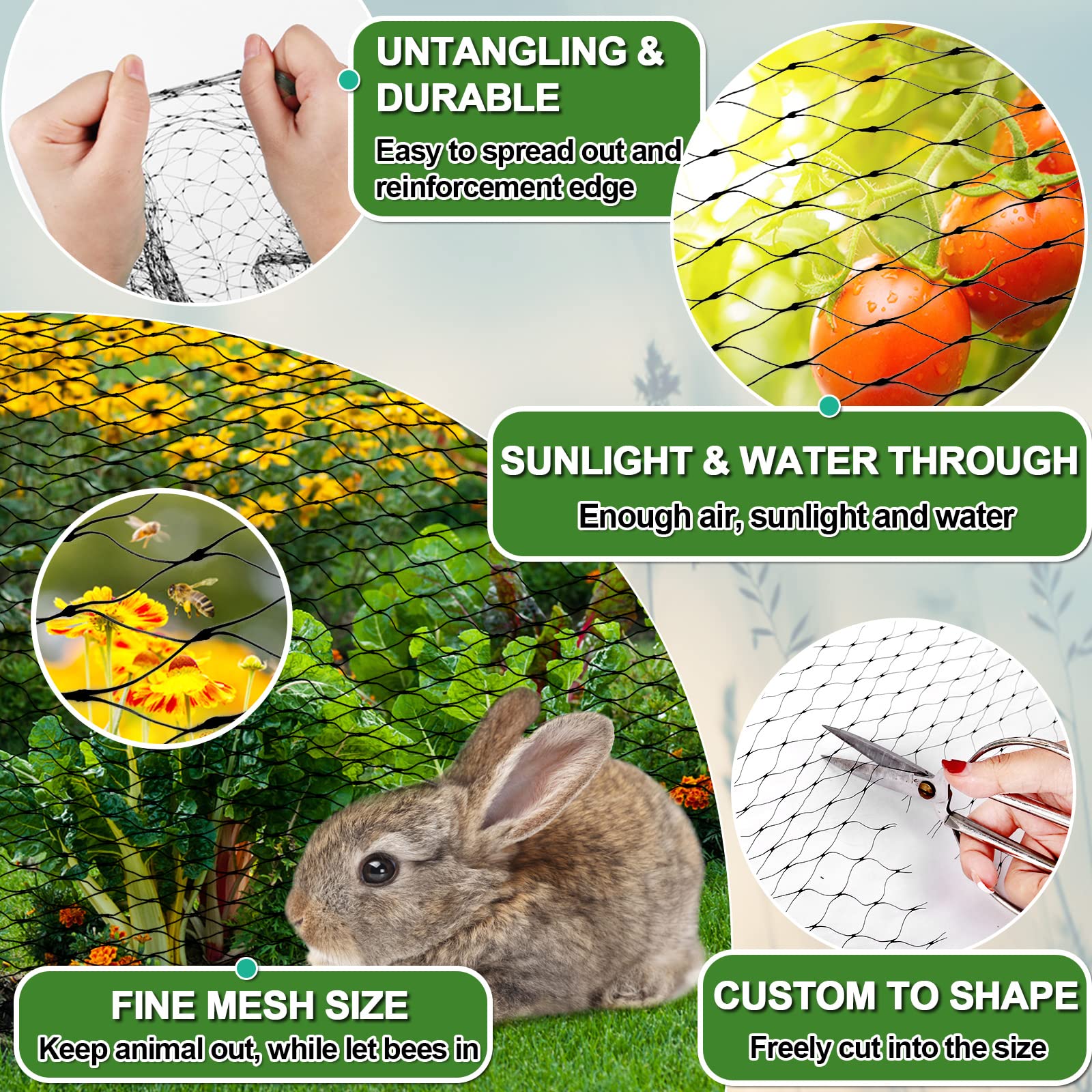 Bird Netting for Garden Protection, 13x32FT Garden Netting w/ 0.8" Mesh, Poultry Netting for Chicken Coop, Deer Fence Netting for Plants Fruit Trees Vegetables Against Birds, Squirrels, Other Animals