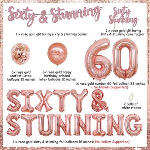 Wonmelody Funny 60th Birthday Decorations Rose Gold Stunning Glitter Birthday Decor Sixty & Stunning Glitter Cake Topper Banner Rose Gold Sixty & Fabulous Happy 60th Birthday Decor for Women