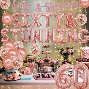 Wonmelody Funny 60th Birthday Decorations Rose Gold Stunning Glitter Birthday Decor Sixty & Stunning Glitter Cake Topper Banner Rose Gold Sixty & Fabulous Happy 60th Birthday Decor for Women