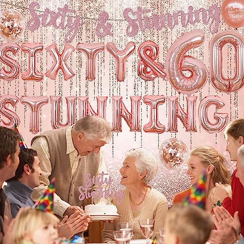 Wonmelody Funny 60th Birthday Decorations Rose Gold Stunning Glitter Birthday Decor Sixty & Stunning Glitter Cake Topper Banner Rose Gold Sixty & Fabulous Happy 60th Birthday Decor for Women