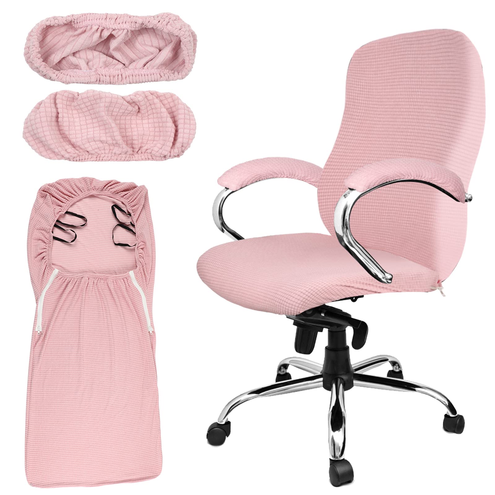 Tatuo 3 Pcs Computer Office Chair Cover Universal Rotating Chair Slipcovers Protector Removable Washable Office Chair Armrest Covers with Zipper for High Back Chair Seat Backrest Pads, Large, Pink