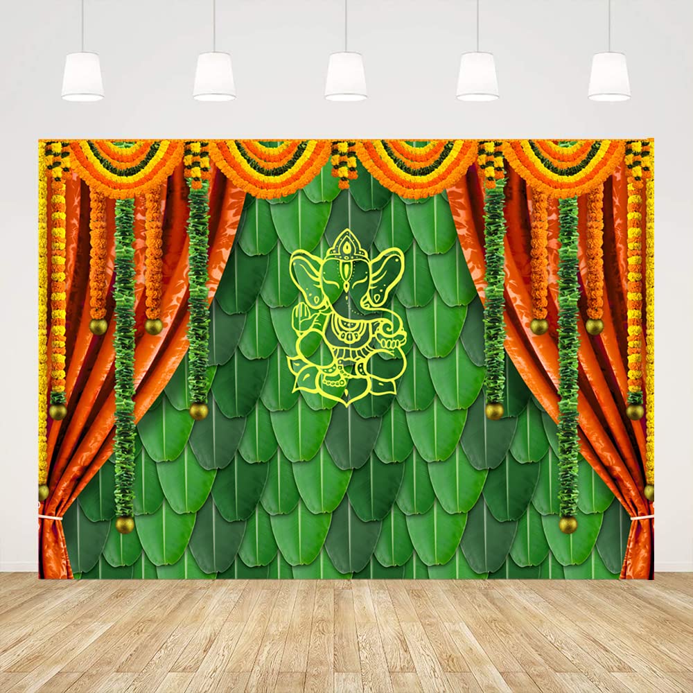 Ticuenicoa 7x5ft India Pooja Traditional Photography Backdrop Banana Leaf Green Chatiya Ganesh Background Puja Ganpati Pooja Mehndi backdrops Decorations Wedding Party Marigold Garlands Photo Props