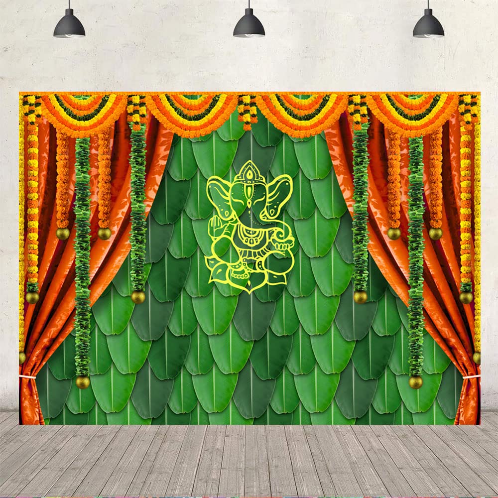 Ticuenicoa 7x5ft India Pooja Traditional Photography Backdrop Banana Leaf Green Chatiya Ganesh Background Puja Ganpati Pooja Mehndi backdrops Decorations Wedding Party Marigold Garlands Photo Props