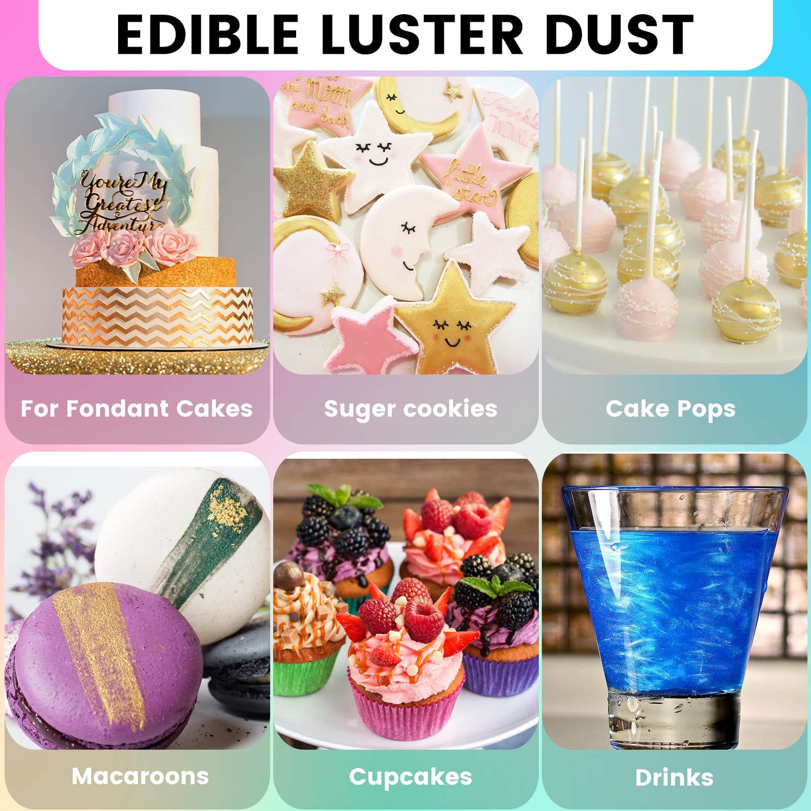 Luster Dust Edible Set, 12 Colors x 5g Food Grade Shimmer Luster Dust, Edible Glitter for Drinks Cake Decorating Cocktails Cookies Strawberries Candy Fondant Baking