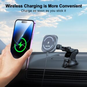 OHLPRO Magnetic Car Wireless Charger for MagSafe Car Mount iPhone 15/14/13/12 Series,Phone Holder Adjustable Telescoping Arm [Military-Grade Suction & Stable Clip] Car Dashboard Windshield Vent