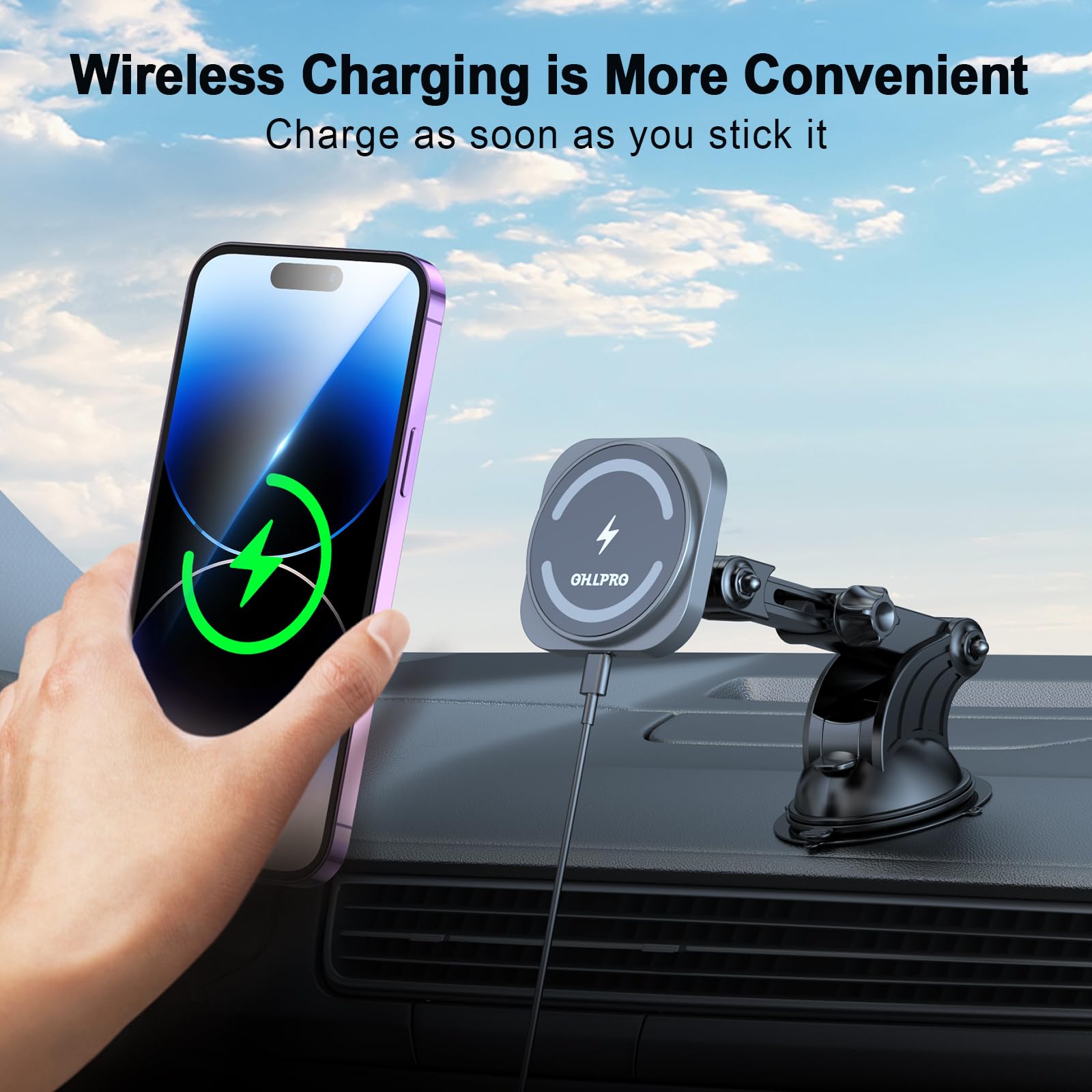 OHLPRO Magnetic Car Wireless Charger for MagSafe Car Mount iPhone 15/14/13/12 Series,Phone Holder Adjustable Telescoping Arm [Military-Grade Suction & Stable Clip] Car Dashboard Windshield Vent