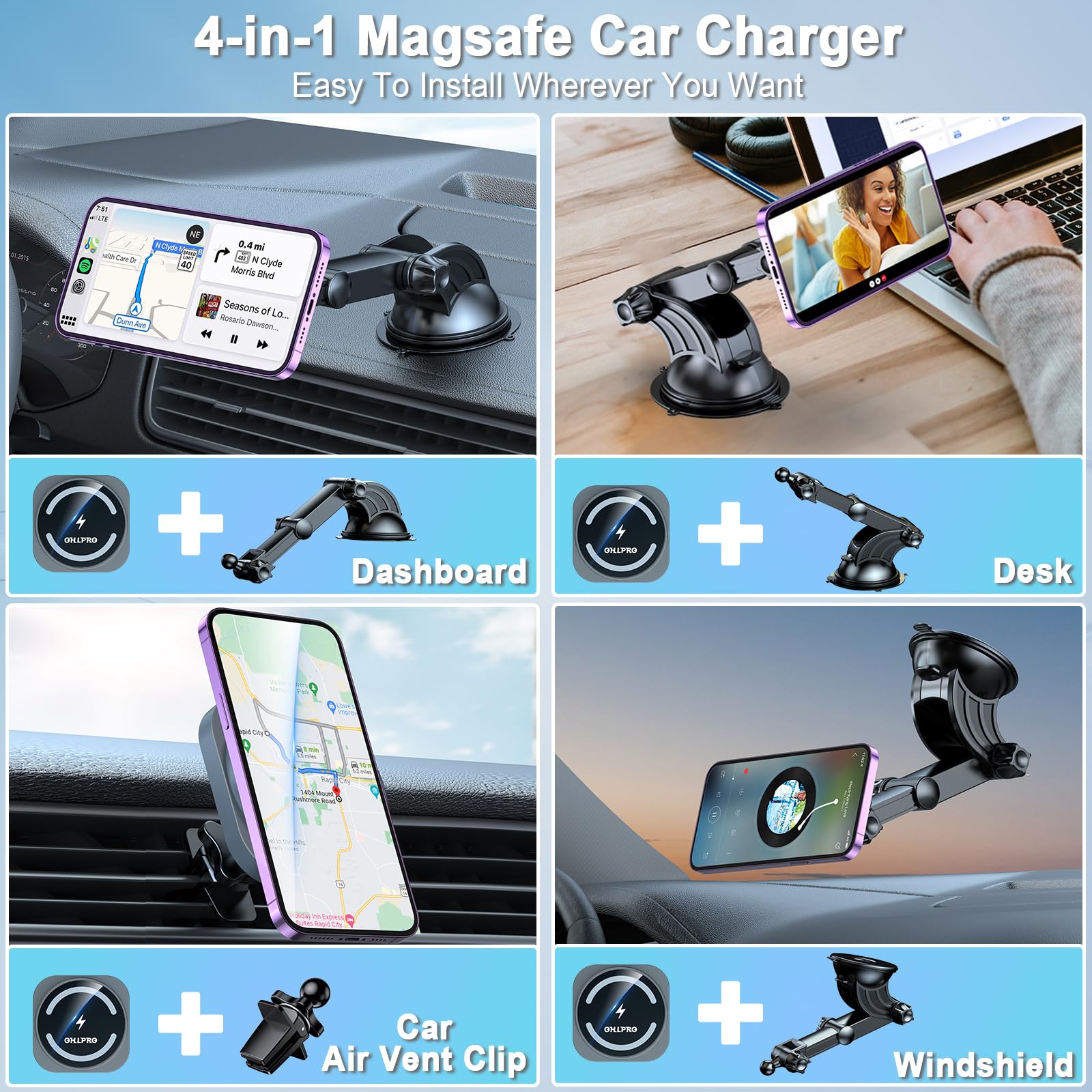 OHLPRO Magnetic Car Wireless Charger for MagSafe Car Mount iPhone 15/14/13/12 Series,Phone Holder Adjustable Telescoping Arm [Military-Grade Suction & Stable Clip] Car Dashboard Windshield Vent