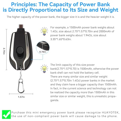 HUAYOTEK Mini Emergency Power Pod,100% Full Capacity Keychain Portable Charger for Android,Power Emergency Pod Power Bank Battery Pack for iPhone 15/15 Plus/15 Pro/15 Pro Max,Samsung,Google Pixel,LG