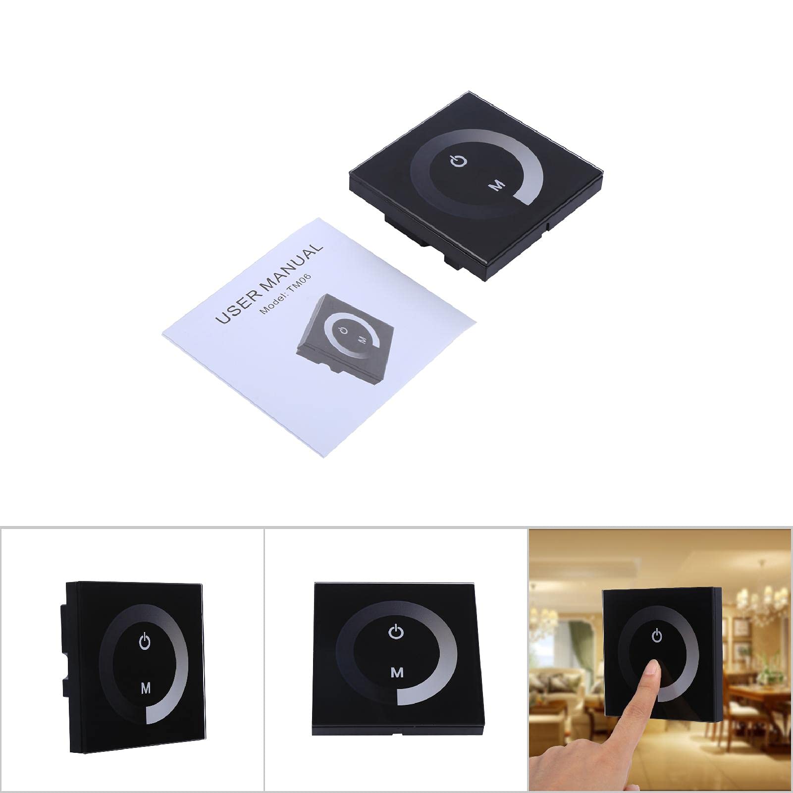 DC 12V-24V Wall Mounted Touch Panel Controller Brightness Adjustable Dimmer, Touch Panel LED Dimmer Switch Brightness Controller for Single Color LED Light Strip(Black)