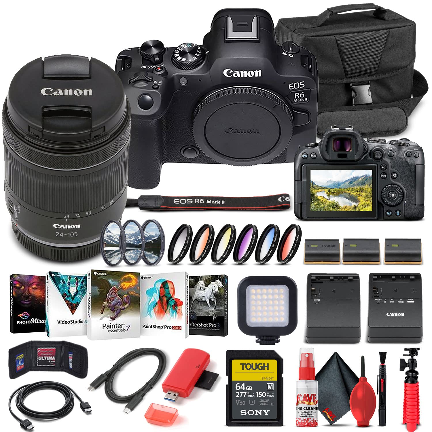 Canon EOS R6 Mark II Mirrorless Camera with 24-105mm f/4-7.1 Lens (5666C018) + 64GB Card + Case + Corel Photo Software + 2 x LPE6 Battery + External Charger + LED Light + More (INTL. Model) (Renewed)