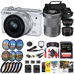 canon eos m200 mirrorless camera with 15-45mm and 55-200mm lenses (white) (3700c009) + filter kit + 2 x 64gb card + charger + 2 x lpe12 battery + card reader + more (renewed)