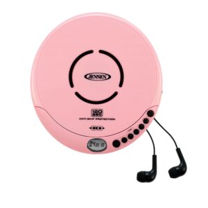 jensen portable cd-120 portable personal cd player compact 120 sec anti-skip cd player – lightweight & shockproof music disc player & fm radio pro sport-earbuds for kids & adults (pink)