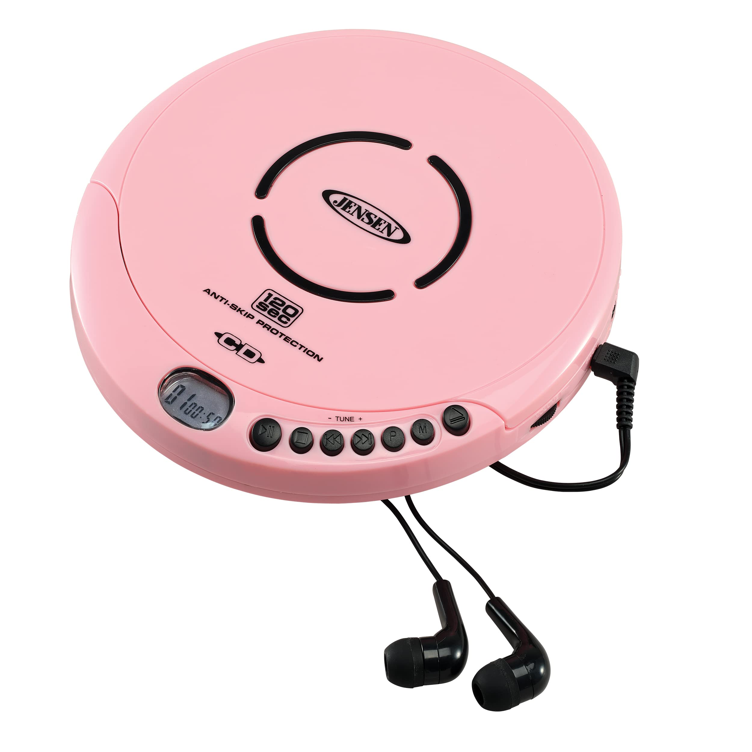 Jensen Portable CD-120 Portable Personal CD Player Compact 120 SEC Anti-Skip CD Player – Lightweight & Shockproof Music Disc Player & FM Radio Pro Sport-Earbuds for Kids & Adults (Pink)