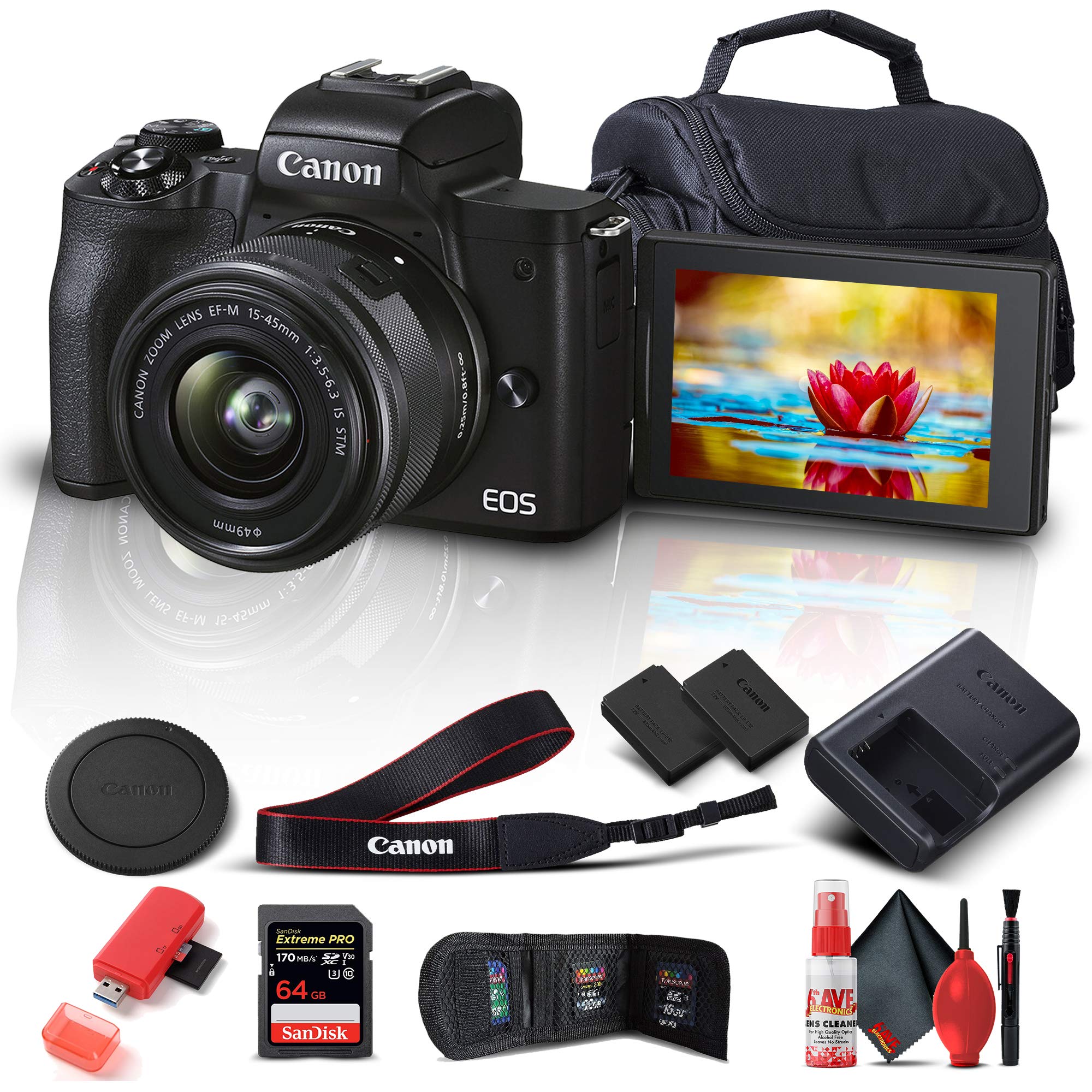 Canon EOS M50 Mark II Mirrorless Digital Camera with 15-45mm Lens (Black) (4728C006), 64GB Extreme Pro Card, Extra Battery, Case, Card Reader, Cleaning Set, More (International Model) (Renewed)