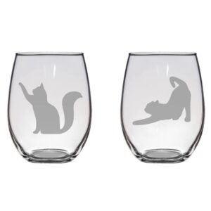 playful cat etched stemless wine glass set - set of 2/4/6/8-20.5oz glassware (set of two (2))
