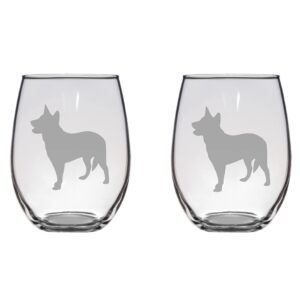 blue heeler etched stemless wine glasses - set of 2/4/6/8-20.5oz glassware (set of two (2))
