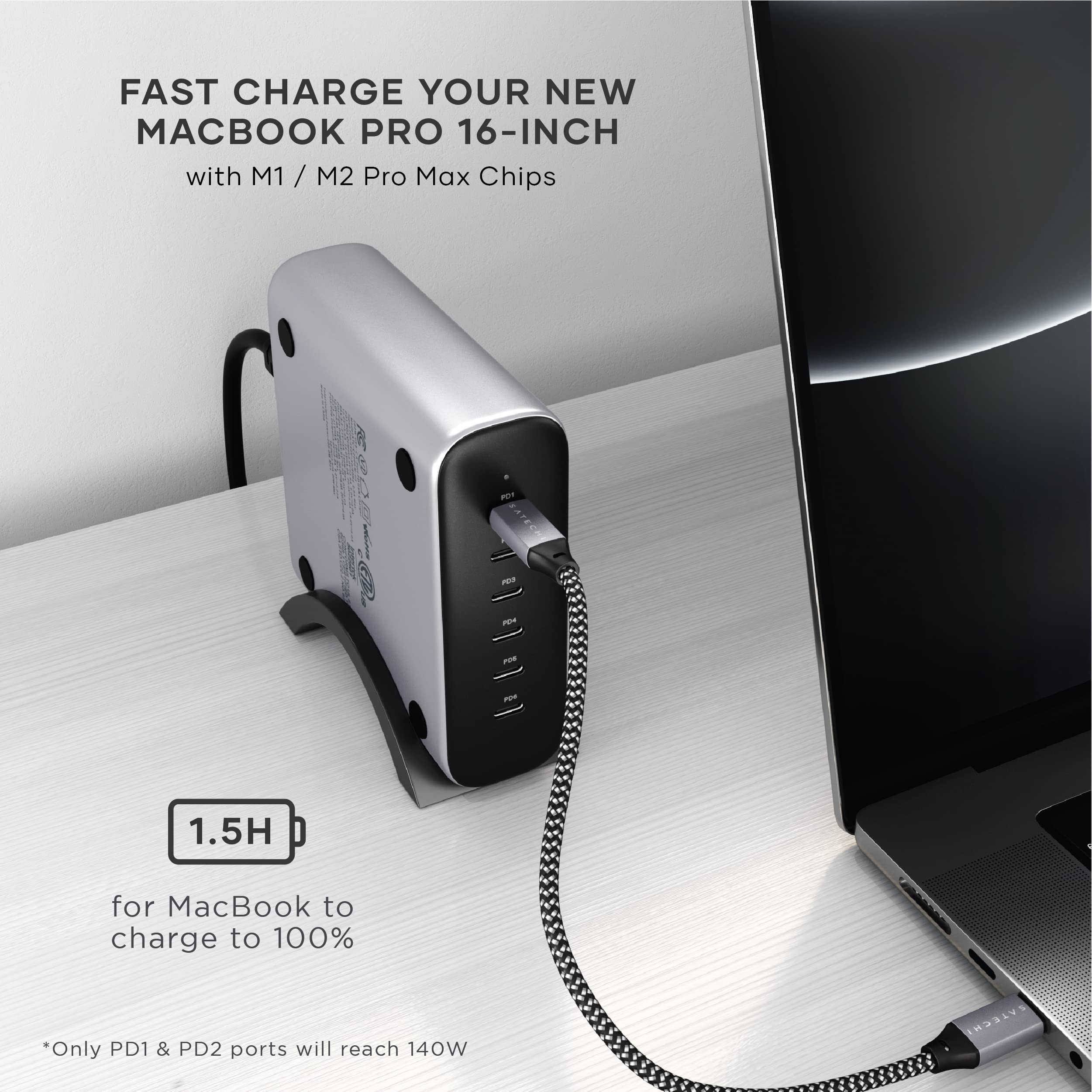 Satechi 200W 6-Port GaN Charger - 2X 140W USB-C and 4X USB-C, Fast Charging Travel Station for Apple and Most Thunderbolt Devices