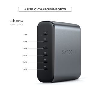 Satechi 200W 6-Port GaN Charger - 2X 140W USB-C and 4X USB-C, Fast Charging Travel Station for Apple and Most Thunderbolt Devices