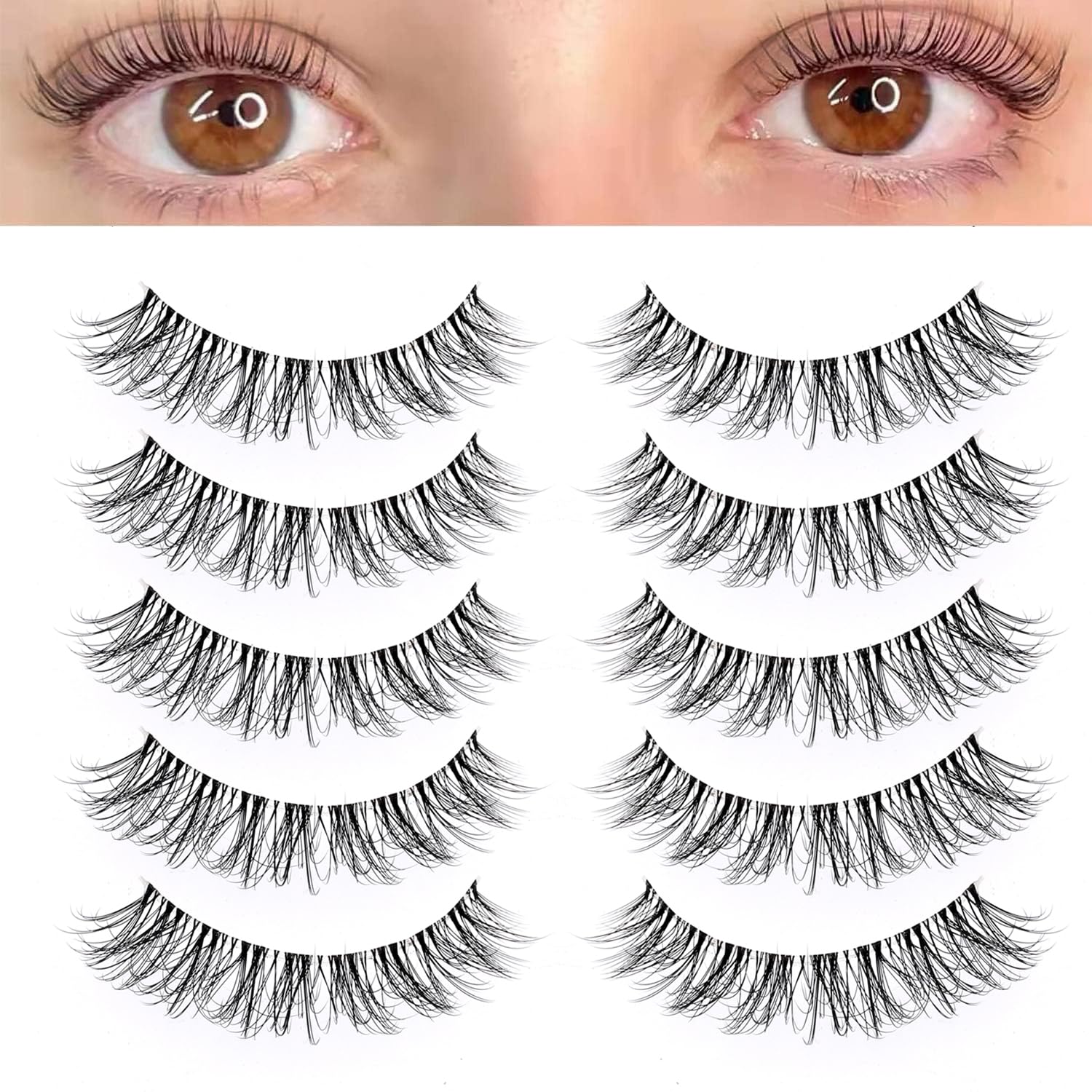 DZANIK False Eyelashes Natural Look Wispy Lashes 8-14mm D Curl 3D Natural Eyelashes Pack, Soft Natural False Eyelashes,Faux Mink Strip Lashes - 5 Pairs