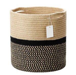 medium woven storage basket decorative rope basket wooden bead decoration for blankets,toys,clothes,shoes,plant organizer bin with handles living room home decor, jute.
