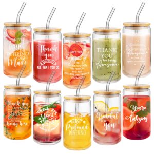 irenare 10 pcs thank you gift bulk 17 oz glass cup employee appreciation gift can shaped glass cup with bamboo lid straw for women teacher nurse graduation