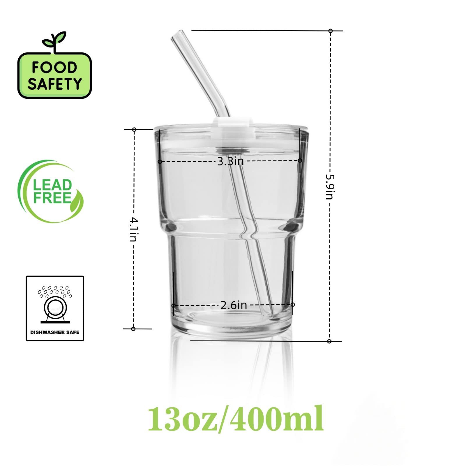 cosnou 13OZ/400ML Ice Coffee Glass Tumbler with Straw and Lid Sealed Carry On, Thick Wall Water Glass Cup Mug Tea （Clear）