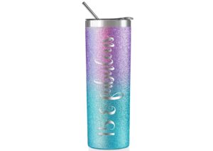 quinceanera gifts, 15 year old girl gifts for birthday, 15th birthday gifts for girls, female, her - 20oz/590ml stainless steel insulated tumbler with straw, lid - 15 & fabulous glitter purple blue