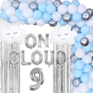 Fangleland On Cloud 9 Birthday Decorations for Girls, Baby Blue Balloons Garland Kit Fringe Curtains for Nine Year Old Girl, Bride On Cloud 9 Balloons for 9th Birthday Party Supplies