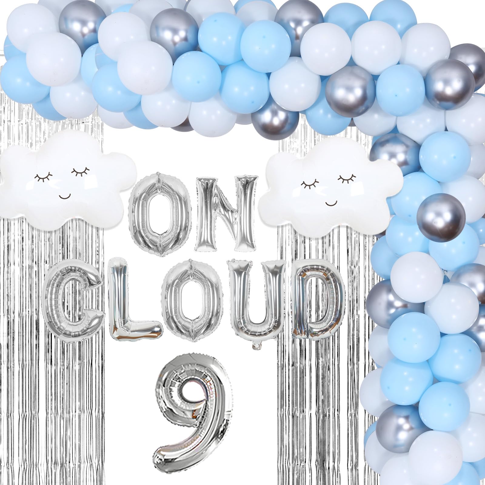 Fangleland On Cloud 9 Birthday Decorations for Girls, Baby Blue Balloons Garland Kit Fringe Curtains for Nine Year Old Girl, Bride On Cloud 9 Balloons for 9th Birthday Party Supplies