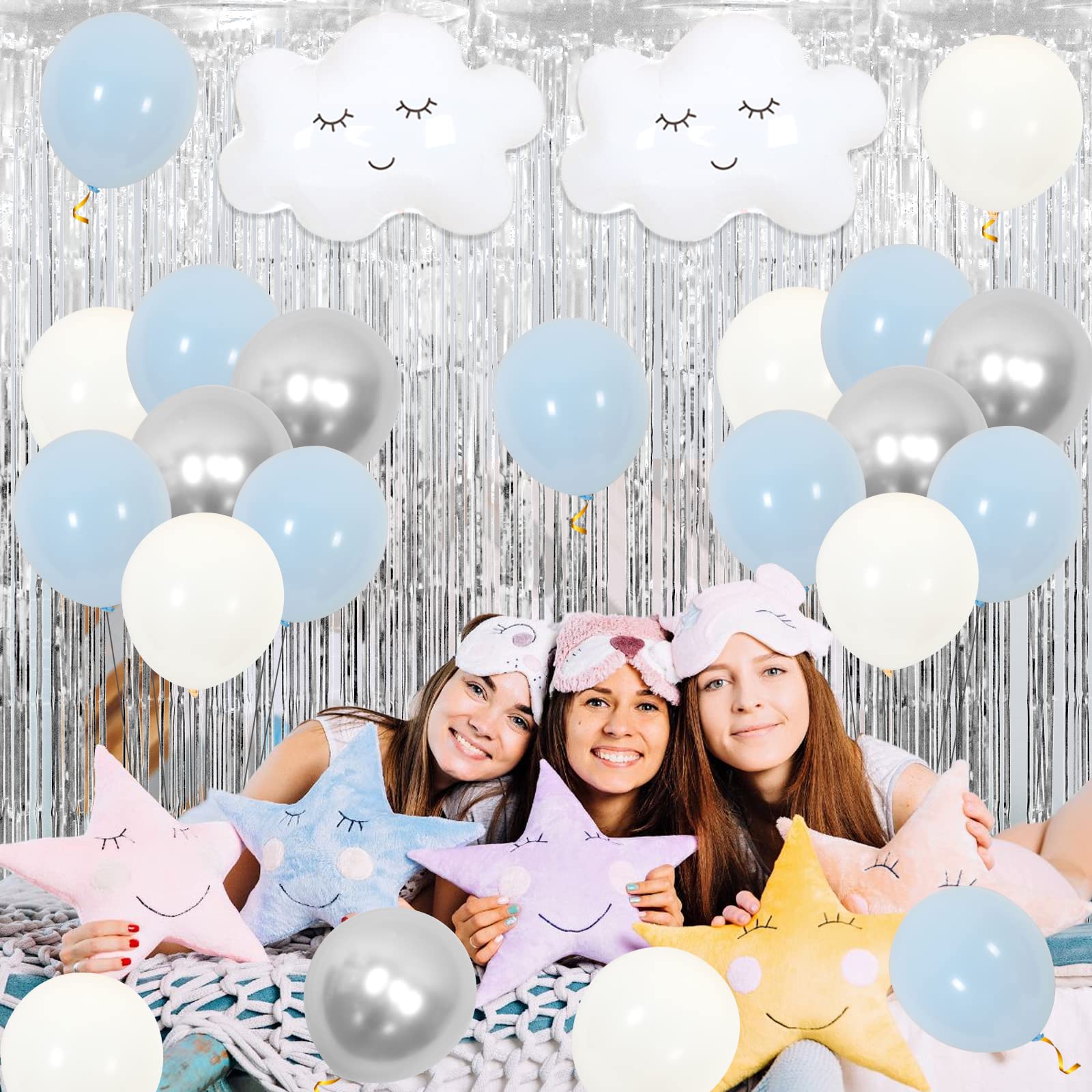 Fangleland On Cloud 9 Birthday Decorations for Girls, Baby Blue Balloons Garland Kit Fringe Curtains for Nine Year Old Girl, Bride On Cloud 9 Balloons for 9th Birthday Party Supplies