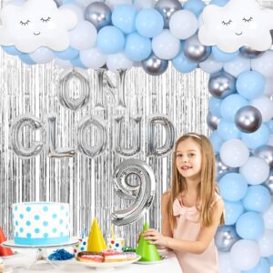 Fangleland On Cloud 9 Birthday Decorations for Girls, Baby Blue Balloons Garland Kit Fringe Curtains for Nine Year Old Girl, Bride On Cloud 9 Balloons for 9th Birthday Party Supplies