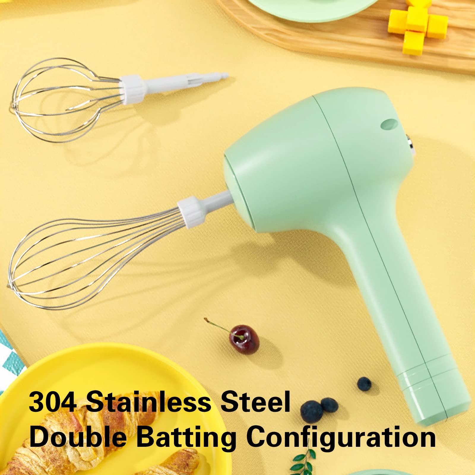 MOSHOU Cordless Hand Mixer, 3 Speed Electric Whisk USB Rechargeable Handheld Electric Mixer, 304 Stainless Steel Beaters & Whisk, for Lattes, Butter, Cakes,Egg, Milk, Cookies (Green)