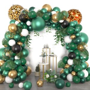150pcs jungle safari green balloons garland arch kit, emerald dark green gold animal foil balloon tropical palm leaves for safari baby shower birthday decorations for boys wild one party supplies