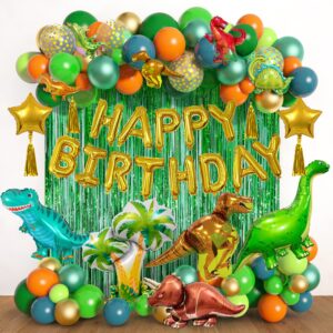 dinosaur birthday party decorations supplies, 125pcs dinosaur green orange blue balloons garland arch kit happy birthday dino foil balloon curtain for kids boys dino jungle safari baby shower party