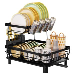 vanleonet dish drying rack with drainboard set, 2 tier stainless steel large dish racks with drainage, dish drainers with wine glass holder, utensil holder and extra drying mat