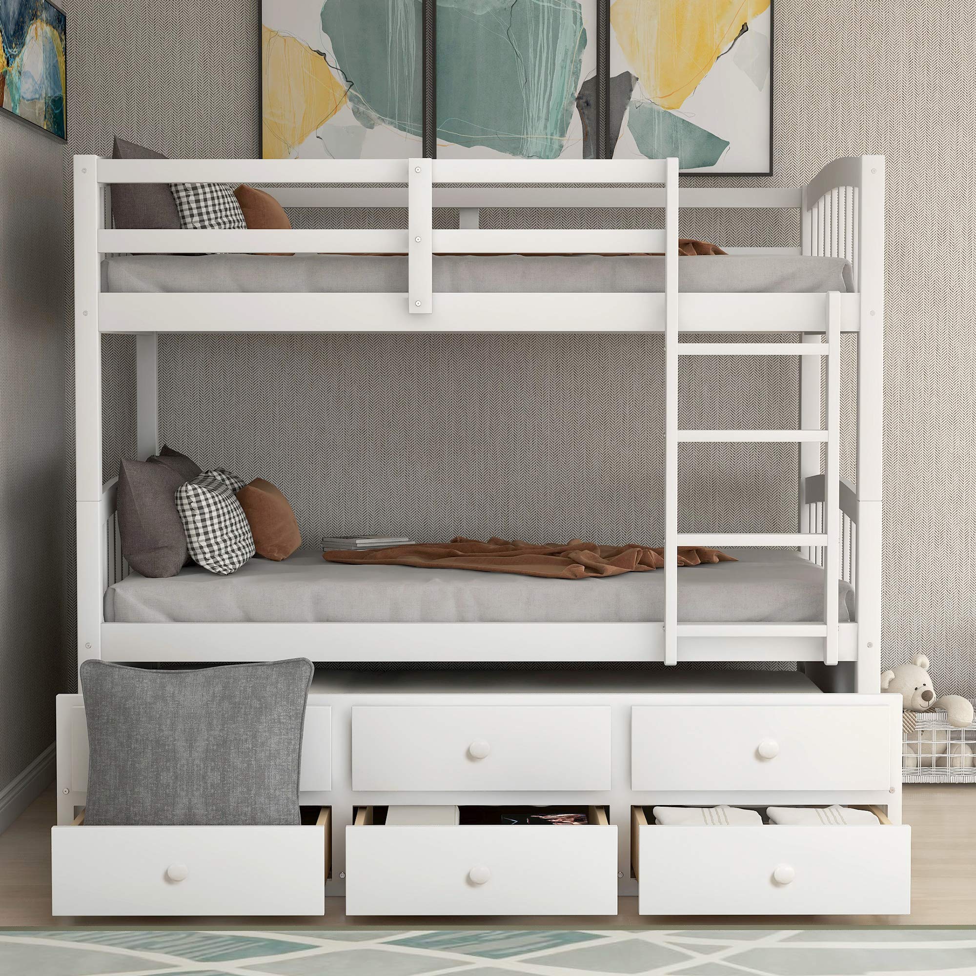 SOFTSEA Twin Over Twin Bunk Bed with Twin Trundle, 4 Step Ladder and 3 Drawers