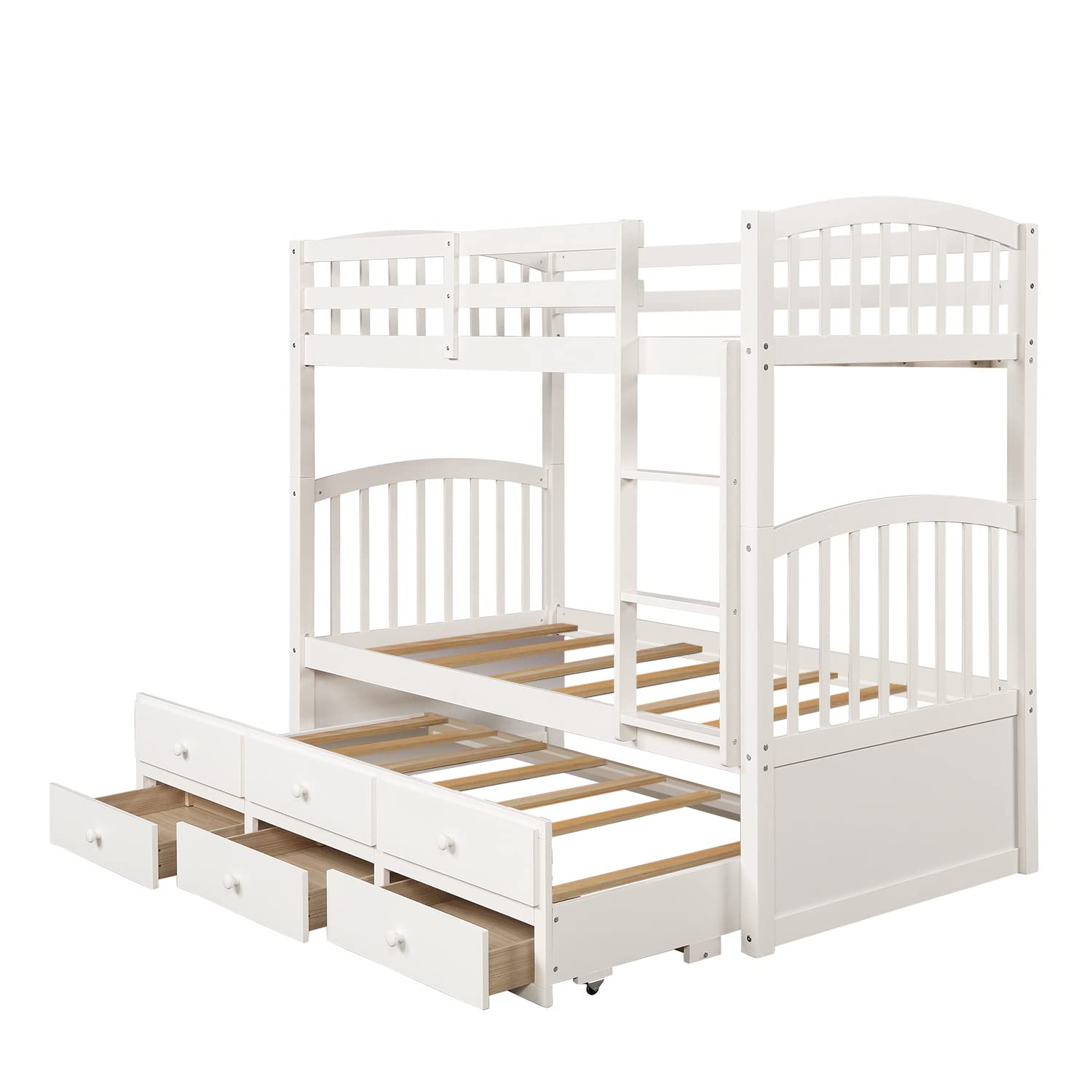 SOFTSEA Twin Over Twin Bunk Bed with Twin Trundle, 4 Step Ladder and 3 Drawers