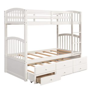 SOFTSEA Twin Over Twin Bunk Bed with Twin Trundle, 4 Step Ladder and 3 Drawers
