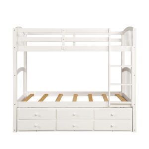 SOFTSEA Twin Over Twin Bunk Bed with Twin Trundle, 4 Step Ladder and 3 Drawers