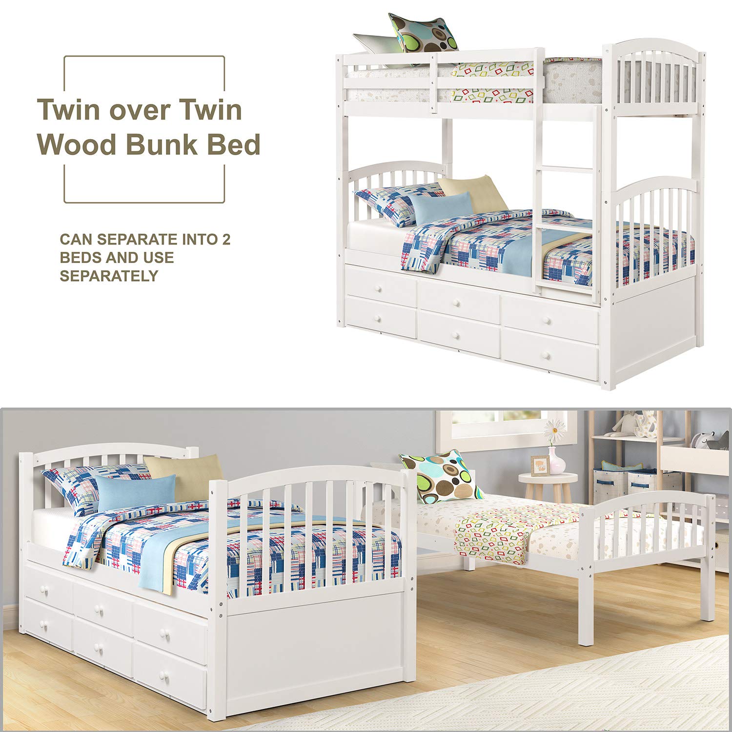 SOFTSEA Twin Over Twin Bunk Bed with Twin Trundle, 4 Step Ladder and 3 Drawers