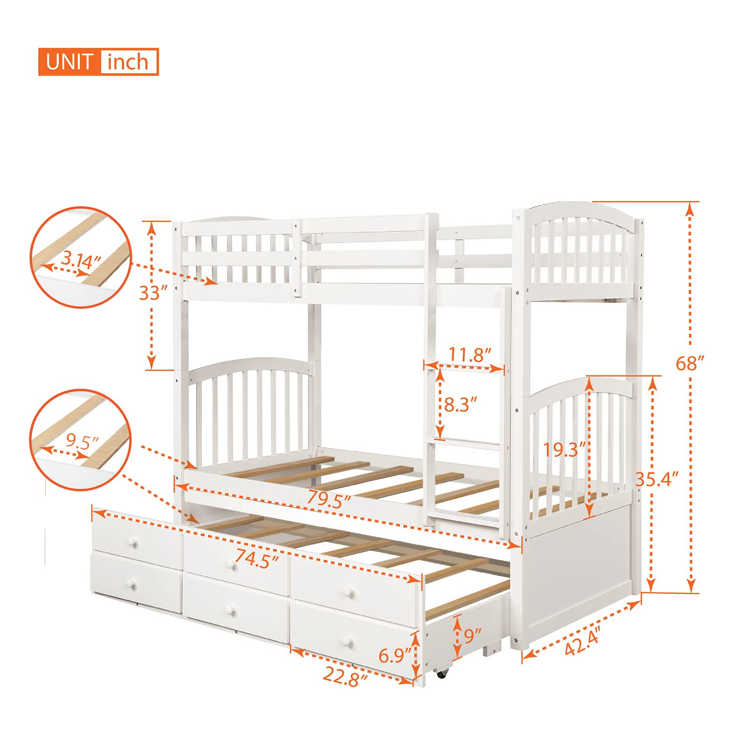 SOFTSEA Twin Over Twin Bunk Bed with Twin Trundle, 4 Step Ladder and 3 Drawers