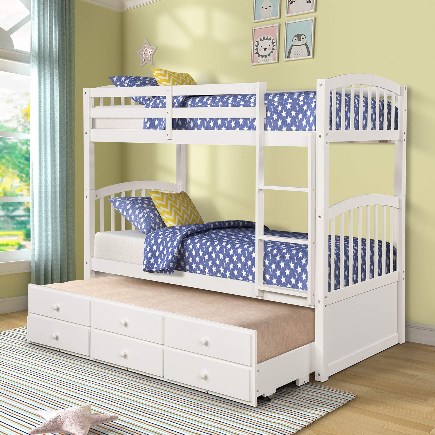 SOFTSEA Twin Over Twin Bunk Bed with Twin Trundle, 4 Step Ladder and 3 Drawers