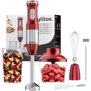 keylitos 5 in 1 immersion hand blender mixer, [upgraded] 1000w handheld stick blender with 600ml chopper, 800ml beaker, whisk and milk frother for smoothie, baby food, sauces red,puree, soup (red)