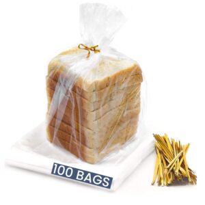100 clear bread bags with ties - adjustable & reusable bread bags for homemade bread - food safe bread bag