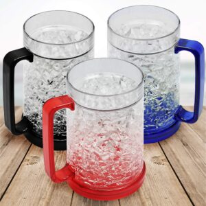 freezer ice beer mugs, drinking glasses, double wall gel frosty beer mugs, cooling wine cups for parties and gifts, clear 16oz set of 3 (blue, red and black)