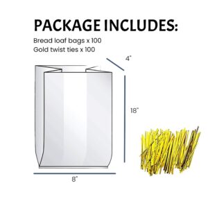 100 Clear Bread Bags with Ties - Adjustable & Reusable Bread Bags for Homemade Bread - Food Safe Bread Bag