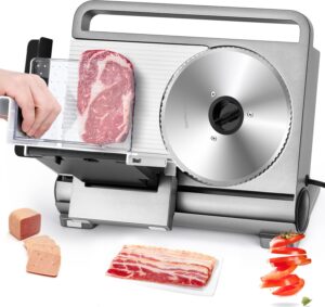moongiantgo foldable meat slicer electric deli slicer for home with removable 7.5" stainless steel blade, 0-15mm adjustable slicing thickness, with food pusher & child lock protection (serrated blade)