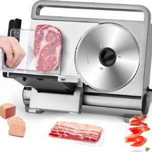 Moongiantgo Foldable Meat Slicer Electric Deli Slicer for Home with Removable 7.5" Stainless Steel Blade, 0-15mm Adjustable Slicing Thickness, with Food Pusher & Child Lock Protection (Serrated Blade)