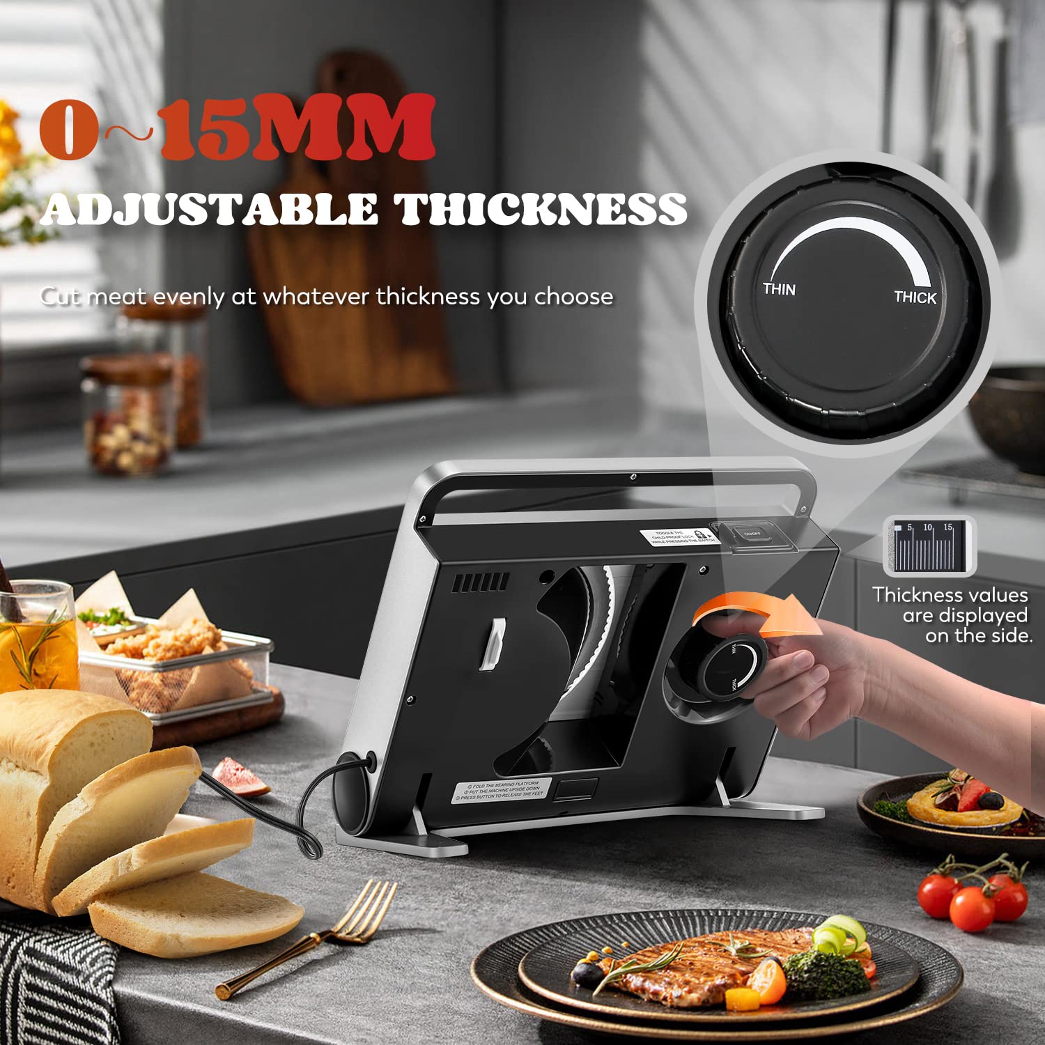 Moongiantgo Foldable Meat Slicer Electric Deli Slicer for Home with Removable 7.5" Stainless Steel Blade, 0-15mm Adjustable Slicing Thickness, with Food Pusher & Child Lock Protection (Serrated Blade)