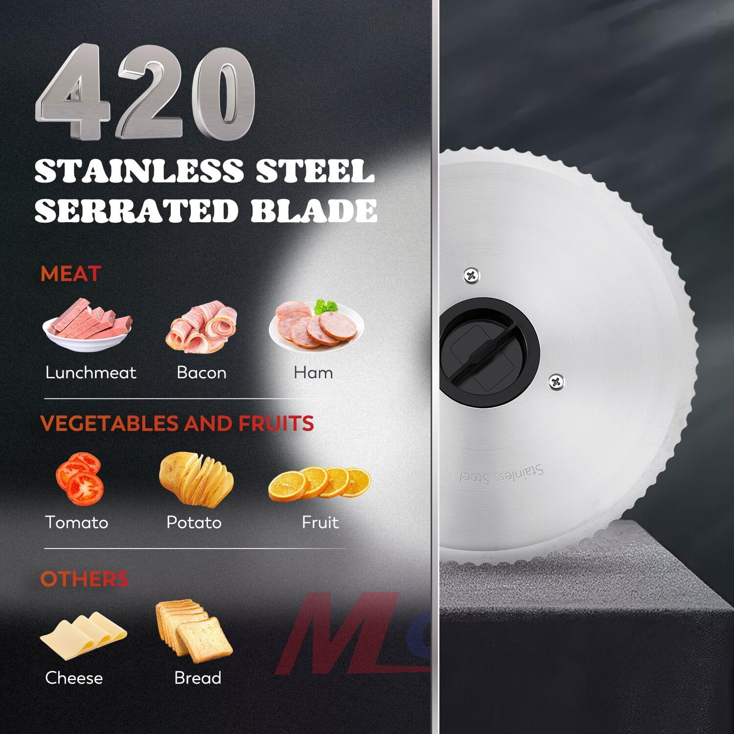 Moongiantgo Foldable Meat Slicer Electric Deli Slicer for Home with Removable 7.5" Stainless Steel Blade, 0-15mm Adjustable Slicing Thickness, with Food Pusher & Child Lock Protection (Serrated Blade)